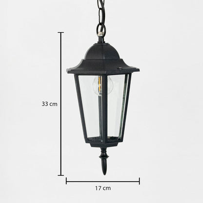 Black metal hanging lantern light measuring 33 cm height and 17 cm width for outdoor decor.