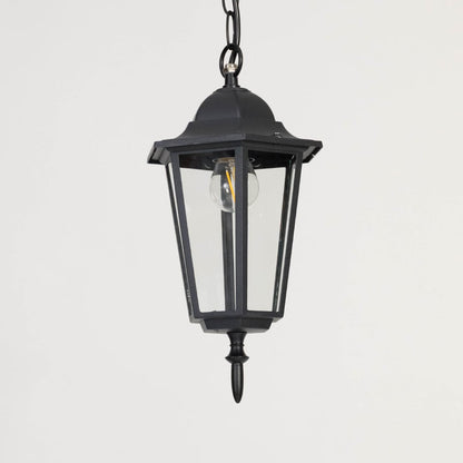Contemporary black metal hanging lantern light with clear glass panels for stylish outdoor lighting decor.