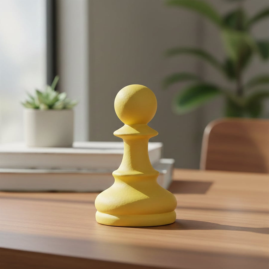 Yellow ceramic chess pawn decor placed on wooden table in living room setting with books and plant showing modern home styling.
