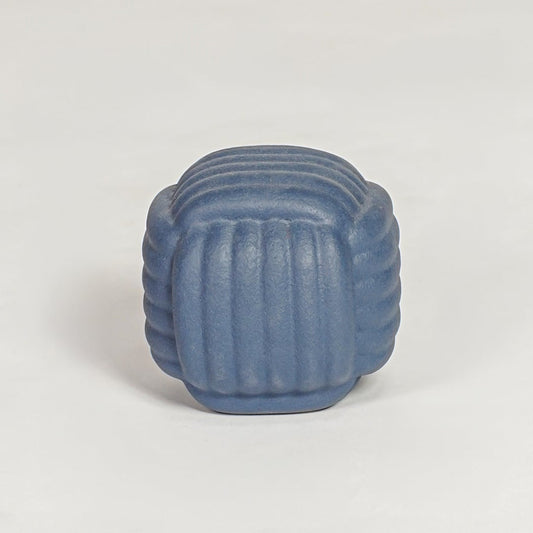 Contemporary blue ceramic flower vase with sculpted cube design perfect for entryway table living room decor display.