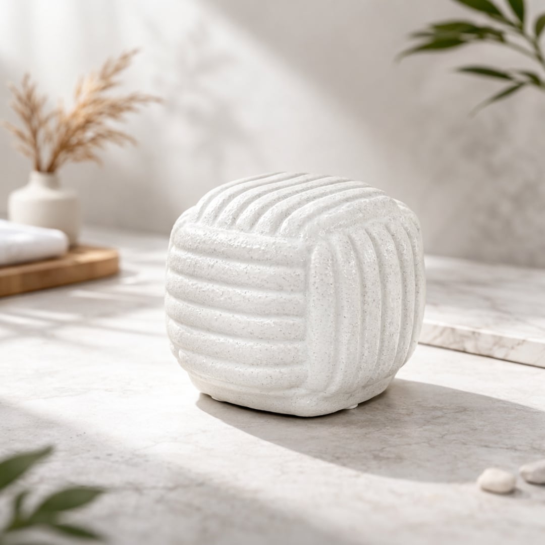 White ceramic textured decorative jar placed on coffee table creating soft and elegant home decor accent.