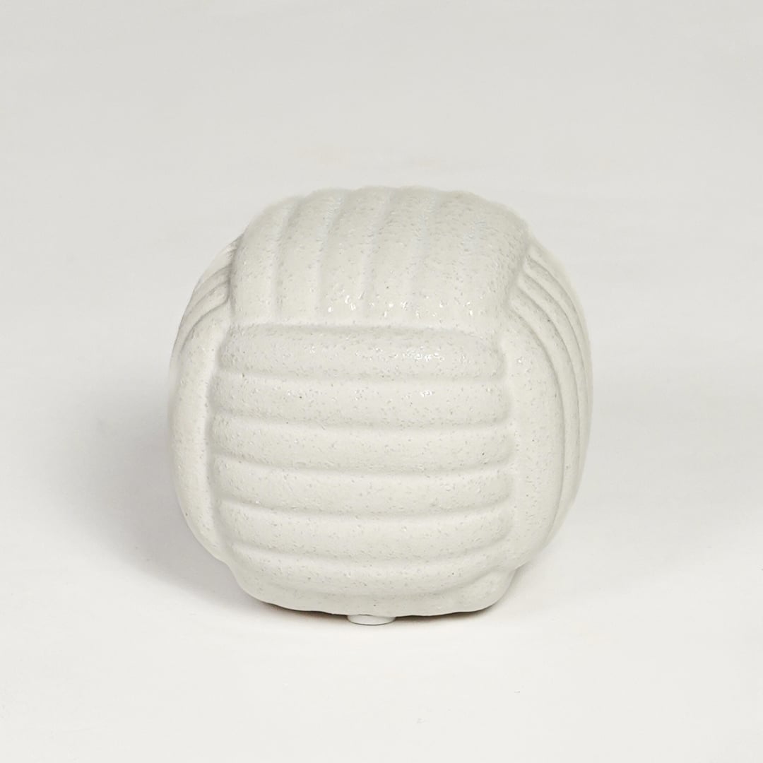 White ceramic textured decorative jar with rounded sculpted design isolated on clean white background for elegant tabletop display.