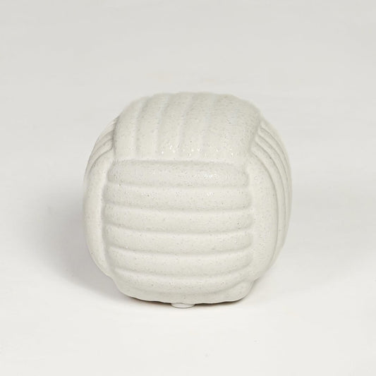 White ceramic textured decorative jar with rounded sculpted design isolated on clean white background for elegant tabletop display.