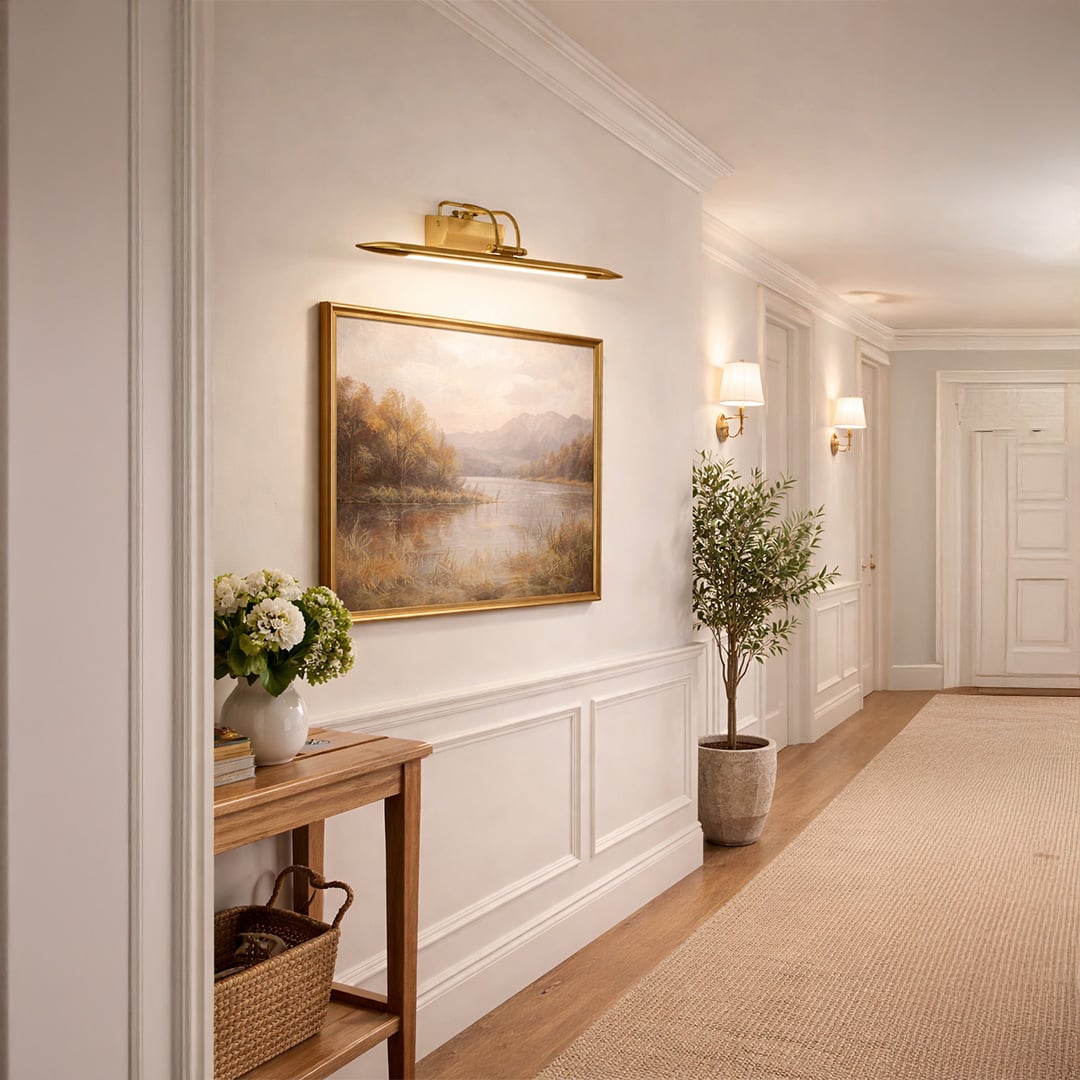 Gold metal picture light accentuating wall artwork above console table creating luxurious gallery style interior ambiance.