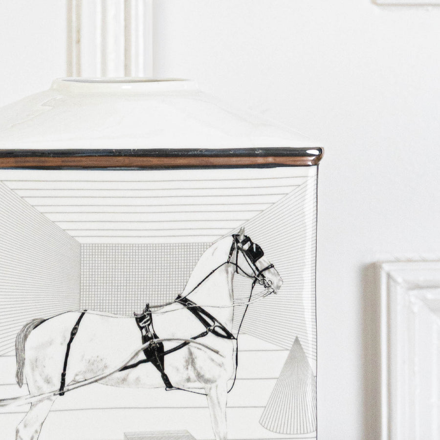 White decorative wall art with black horse illustration displayed above a console for elegant modern home decor.