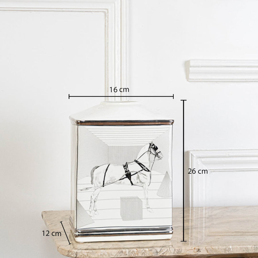 Clear square jar with black horse figurine inside in a front view measuring 16.5 cm width and 26 cm height ideal for modern display décor.