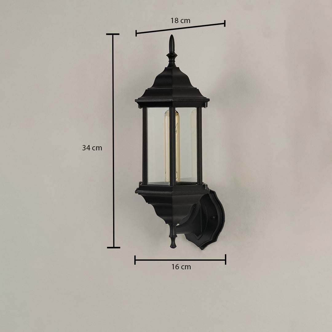Black outdoor lantern showing 41 cm height 26 cm width and 18 cm depth with raindrop glass and curved arm design clearly displayed.