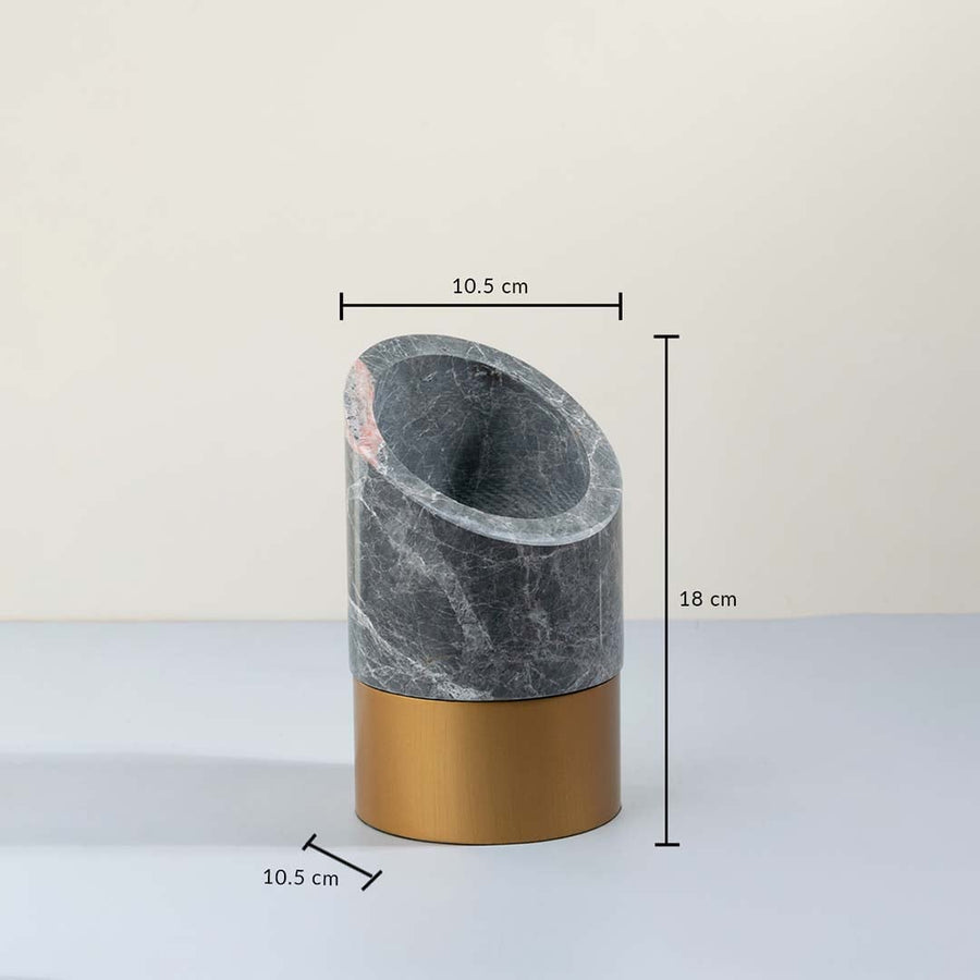 Marble and metal decorative vase showing clear height width and base dimensions suitable for console table or shelf styling.