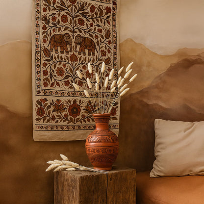 Beige lagurus bunny tail grass bouquet styled in terracotta vase lifestyle ethnic home decor background display.