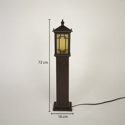 Outdoor pillar light with brown metal body and warm glass diffuser on neutral background 72 cm height 16 cm width ideal for garden pathway lighting.
