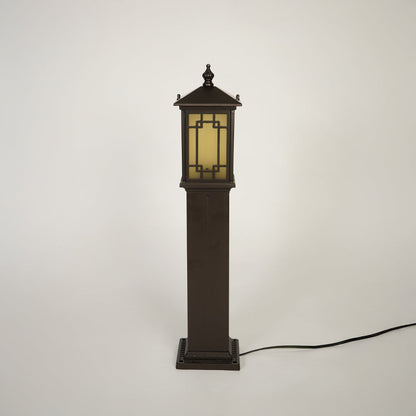 Vintage style outdoor pole light with decorative lantern top on neutral background ideal for garden or patio lighting.