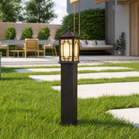 Vintage black iron garden lawn post pillar light for stone walkway path backyard patio and traditional landscape styling.