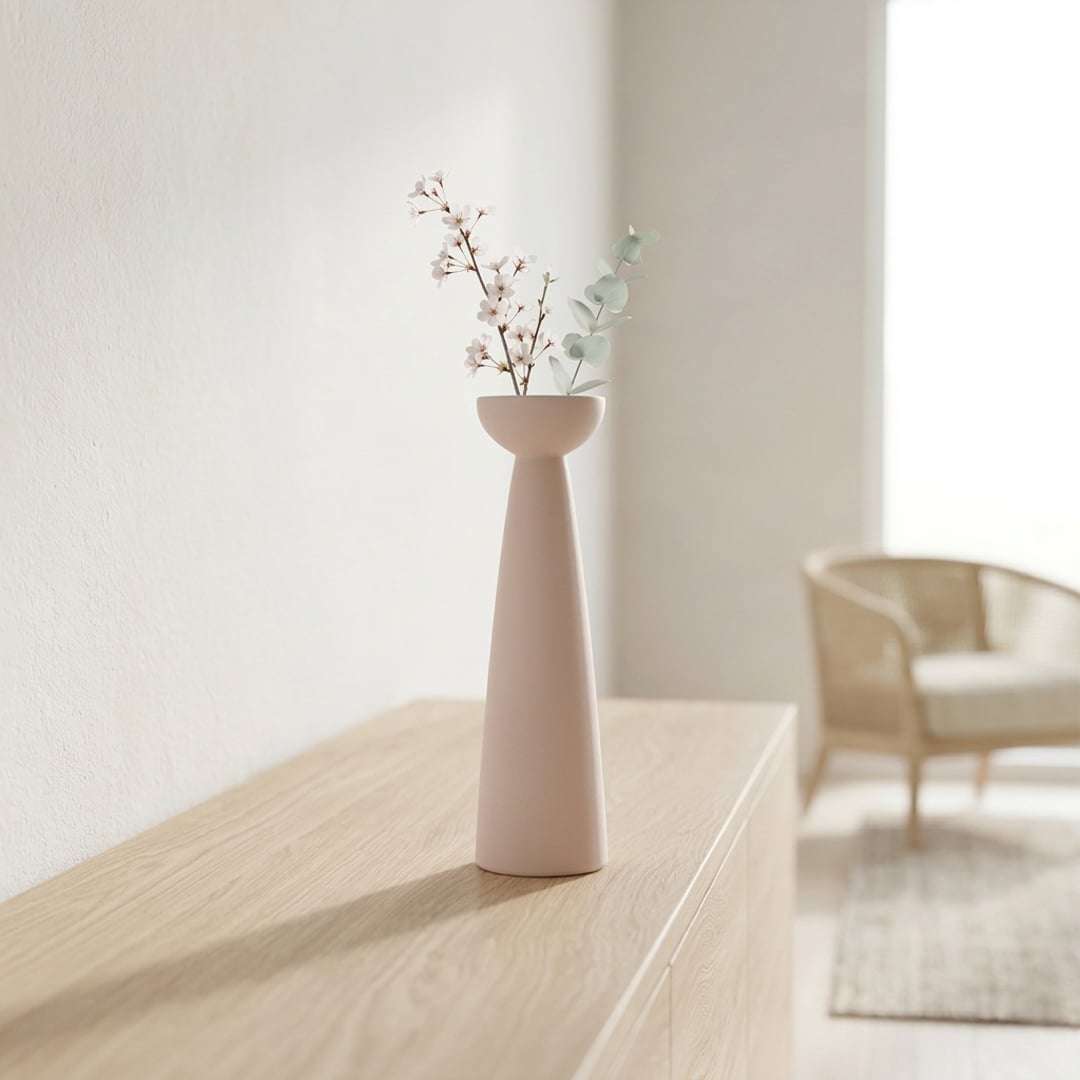Pink ceramic tall flower vase placed on console table modern decorative vase for living room corner home decor styling.