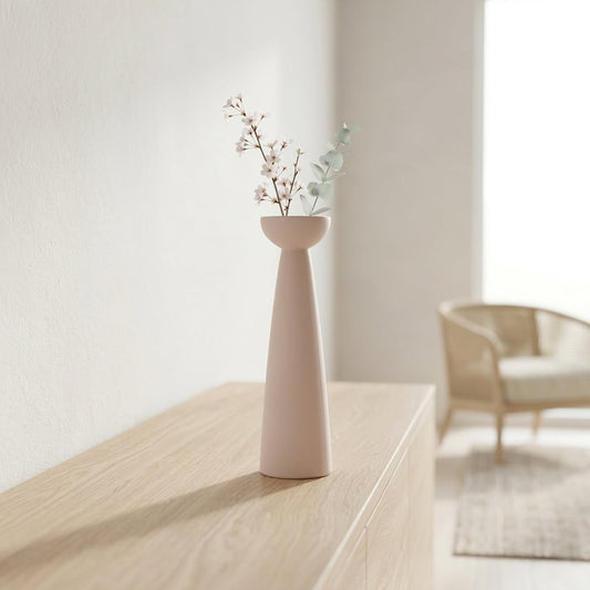 Pink ceramic tall flower vase placed on console table modern decorative vase for living room corner home decor styling.