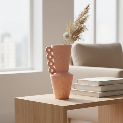 Peach textured ceramic floor vase styled in living room corner modern decorative ceramic accent for console floor styling home.