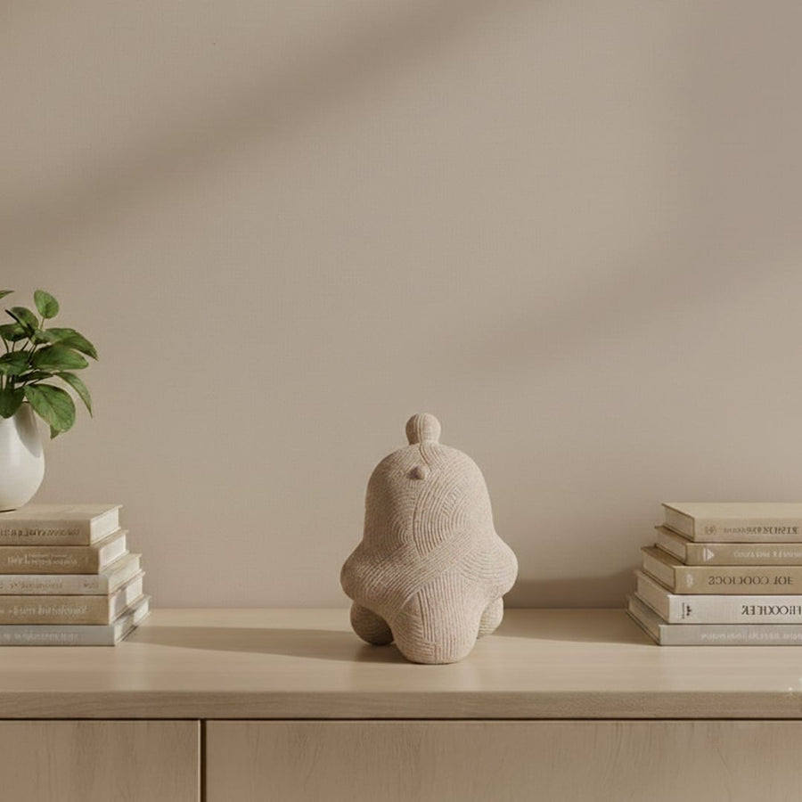 Textured abstract ceramic decor sculpture styled on table modern artistic object for living room shelf console or office decor.