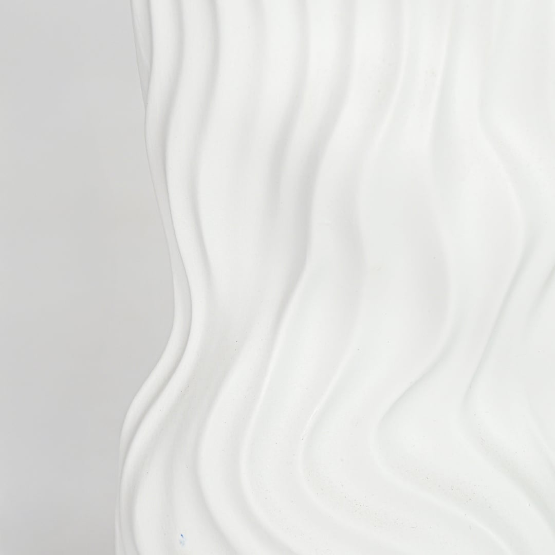 Closeup white textured ceramic vase surface detail modern decorative flower vase for table shelf console decor.