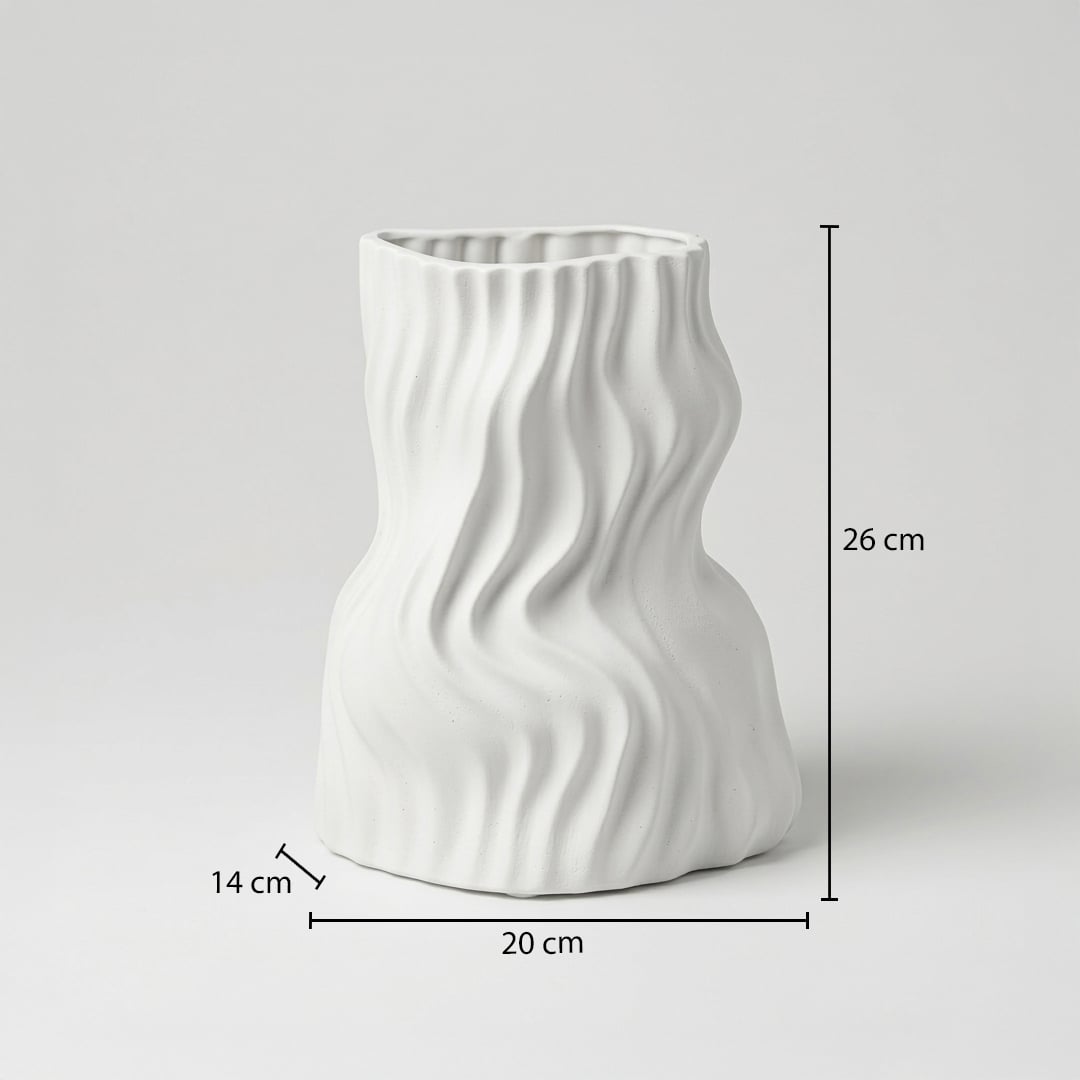 White ceramic decorative vase size 26 cm height 20 cm length modern textured flower vase dimension reference image.