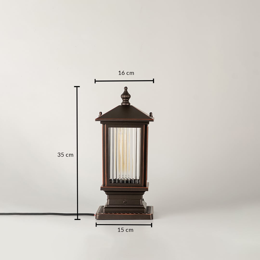 Black traditional post lantern Dimensions Image 34 cm height 19 cm top width 15 cm base width.