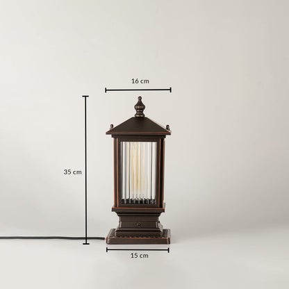 Black traditional post lantern Dimensions Image 34 cm height 19 cm top width 15 cm base width.