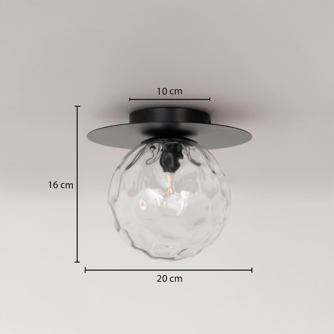 Ceiling light with textured glass globe shown with dimensions 20cm width and 16cm height for modern ceiling lighting decor.