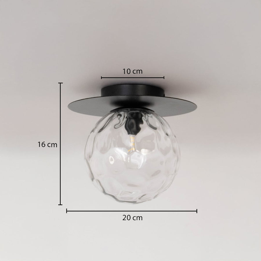 Ceiling light with textured glass globe shown with dimensions 20cm width and 16cm height for modern ceiling lighting decor.