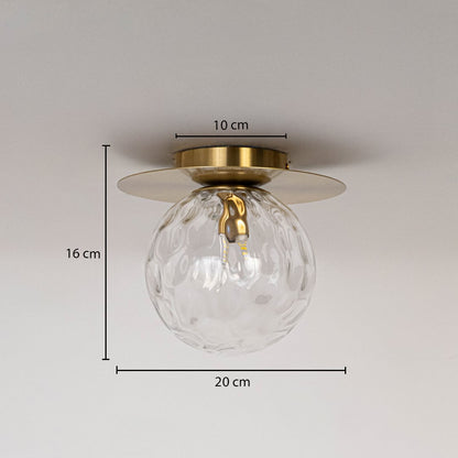 Gold ceiling light with textured glass globe shown with dimensions 20cm width and 16cm height for modern ceiling decor.
