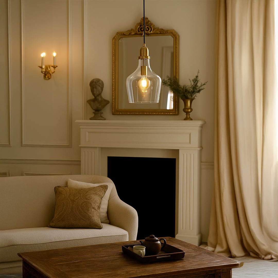 Amber glass and black metal pendant light adding sophisticated warmth to luxurious interior spaces.