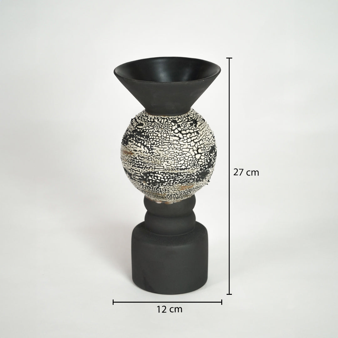 Black textured metal candle holder dimension image with 27 cm height and 12 cm width for shelf decor.