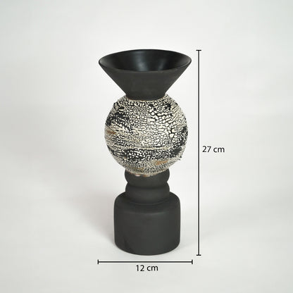 Black textured metal candle holder dimension image with 27 cm height and 12 cm width for shelf decor.