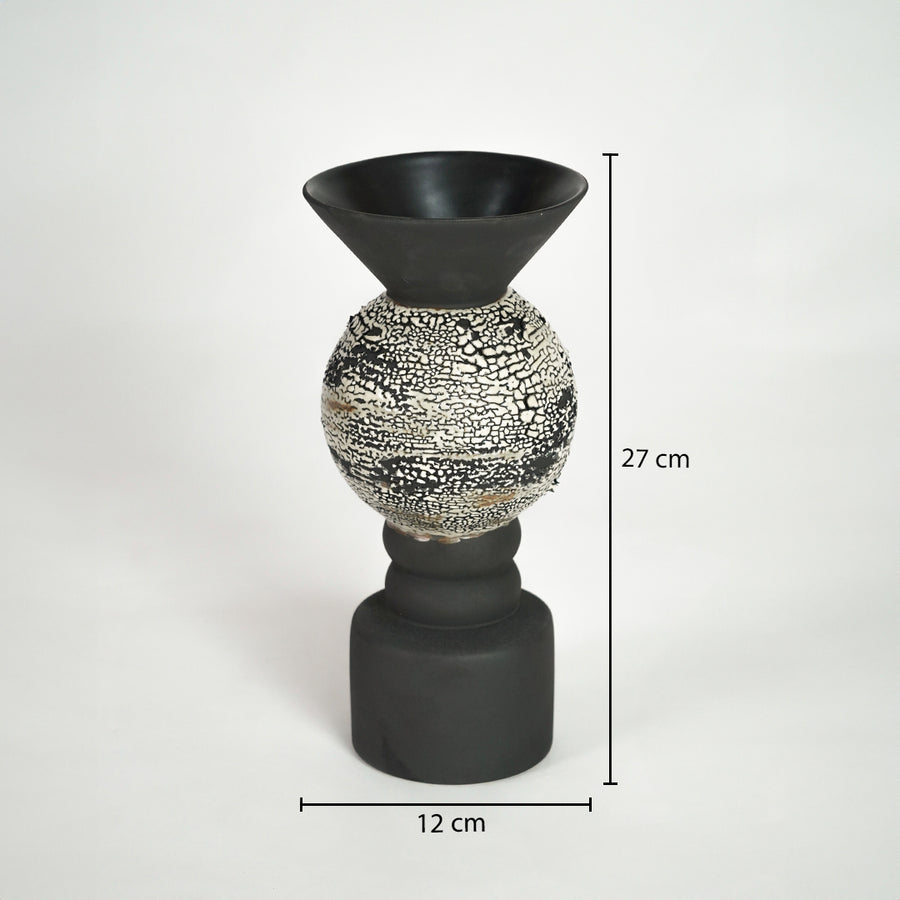 Black textured metal candle holder dimension image with 27 cm height and 12 cm width for shelf decor.