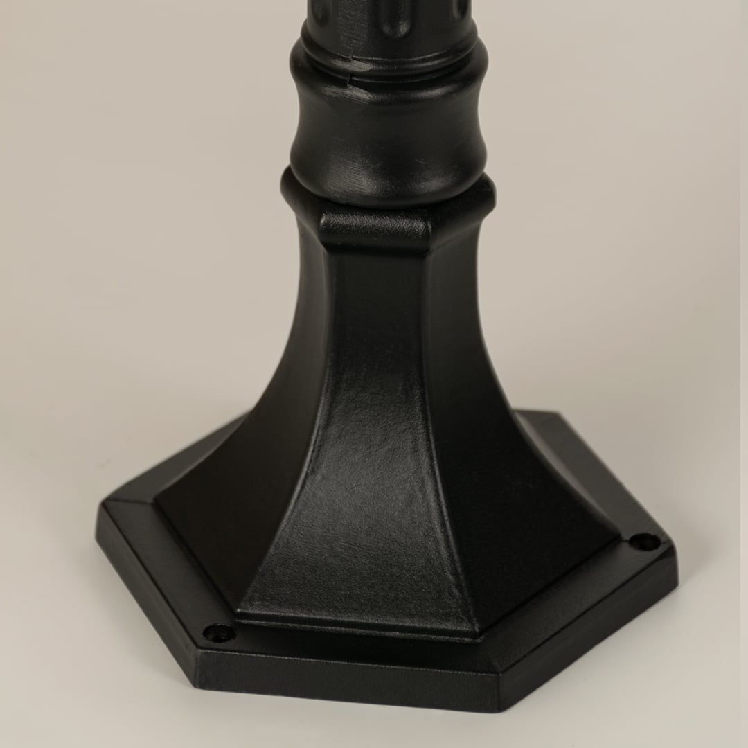 Closeup of black outdoor street light base with modern metal finish for exterior decor styling use.