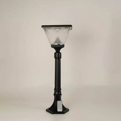 Black solar outdoor street light with textured glass panels for stylish exterior decor use.