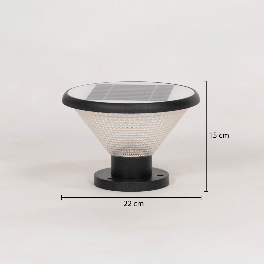 Black solar outdoor gate light dimension image with 13 cm height and 22 cm width for decor use.