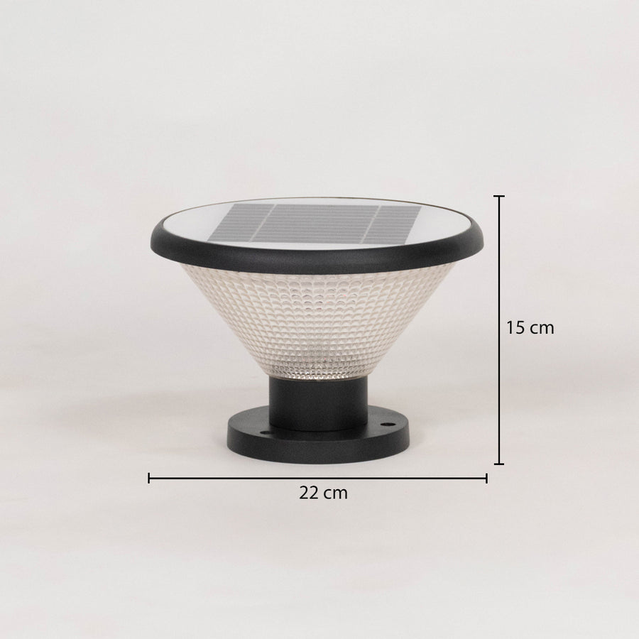Black solar outdoor gate light dimension image with 13 cm height and 22 cm width for decor use.