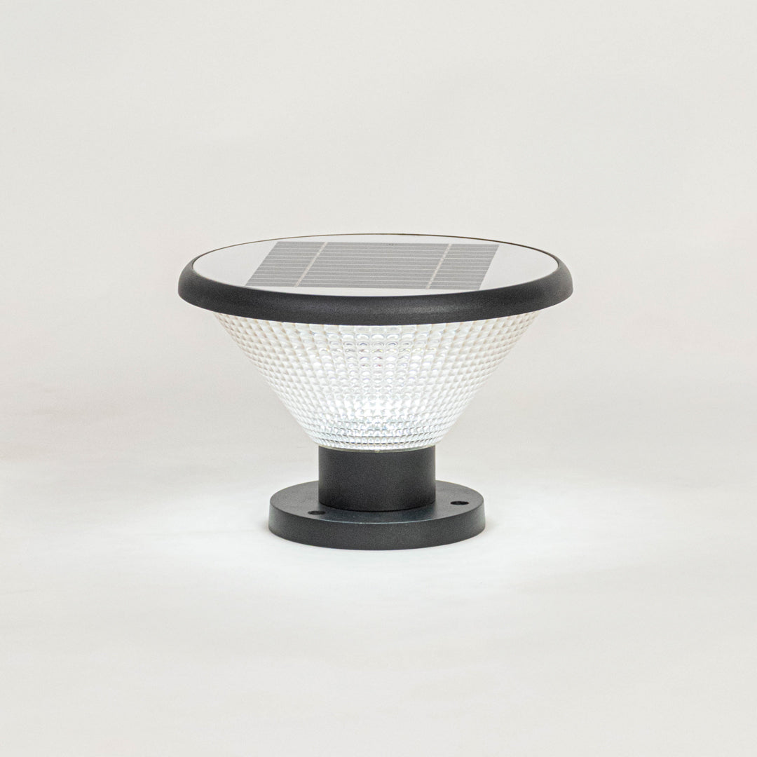 Black solar outdoor gate light with textured glass panels for elegant exterior decor styling use.