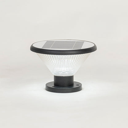 Black solar outdoor gate light with textured glass panels for elegant exterior decor styling use.