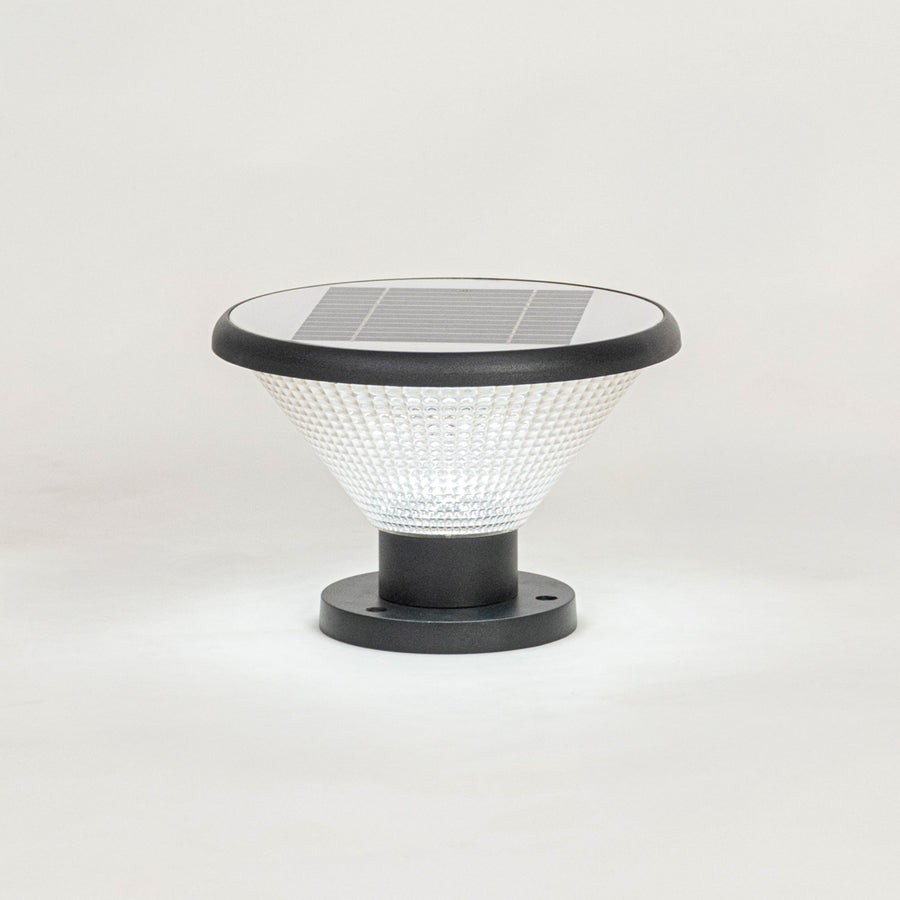 Black solar outdoor gate light with textured glass panels for elegant exterior decor styling use.