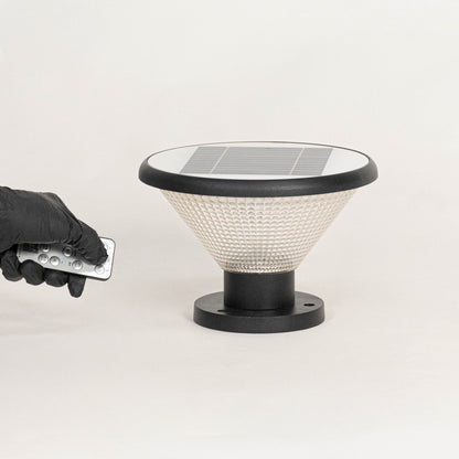Black solar outdoor gate light with remote control for smart exterior lighting and decor use.
