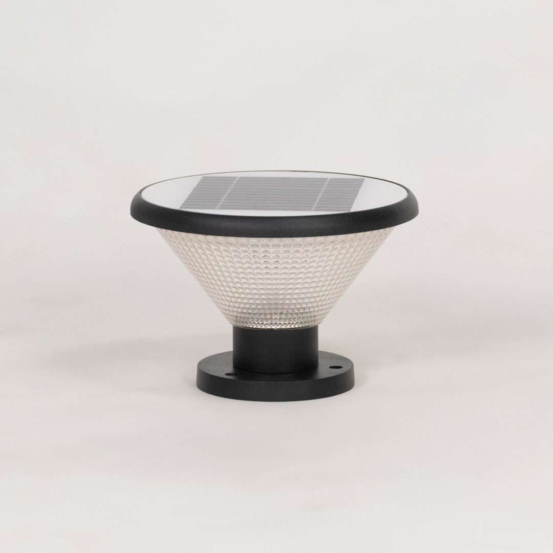 Black solar outdoor gate light with textured glass panels for elegant exterior decor styling use.
