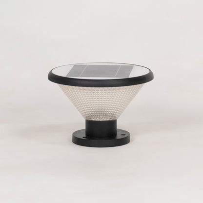 Black solar outdoor gate light with textured glass panels for elegant exterior decor styling use.