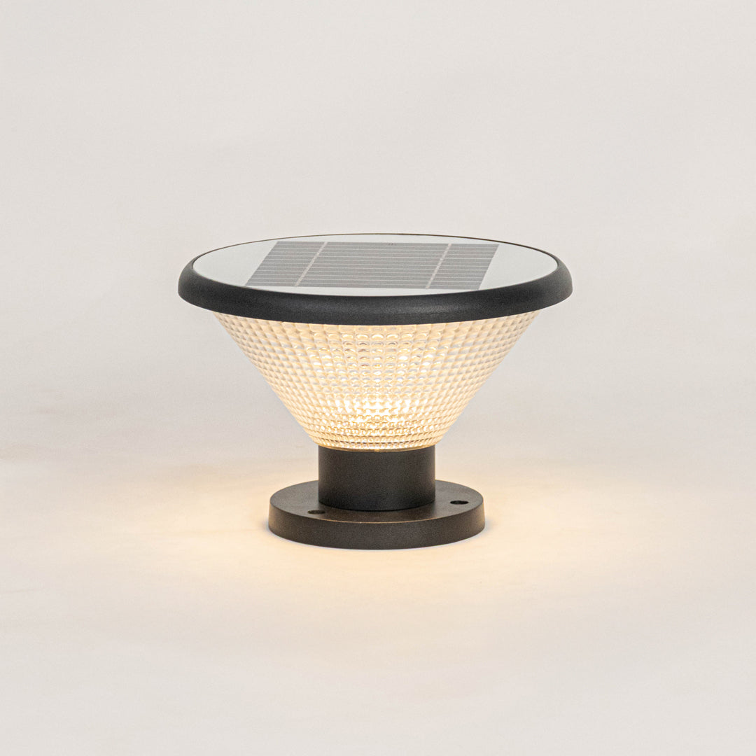 Modern black solar outdoor gate light with textured glowing panels for stylish exterior decor use.