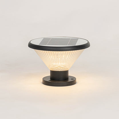 Modern black solar outdoor gate light with textured glowing panels for stylish exterior decor use.
