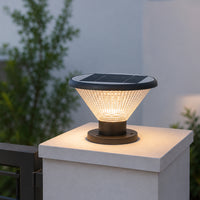 Modern black metal outdoor gate pillar light for entrance fence garden and driveway with warm ambient illumination.