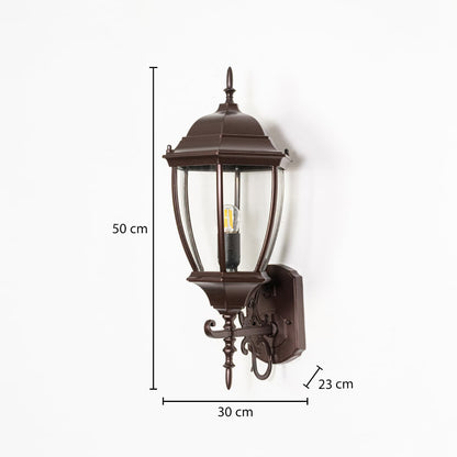 Outdoor wall lantern dimensions showing height 50 cm width 30 cm and wall projection depth 23 cm clearly for installation reference.