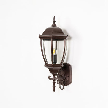 Outdoor wall lantern light off on white background displaying metal body glass panels and detailed classic structure.
