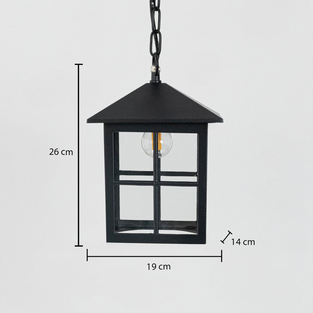 Outdoor hanging lantern light dimension image showing height 26 cm and width 19 cm in black finish.