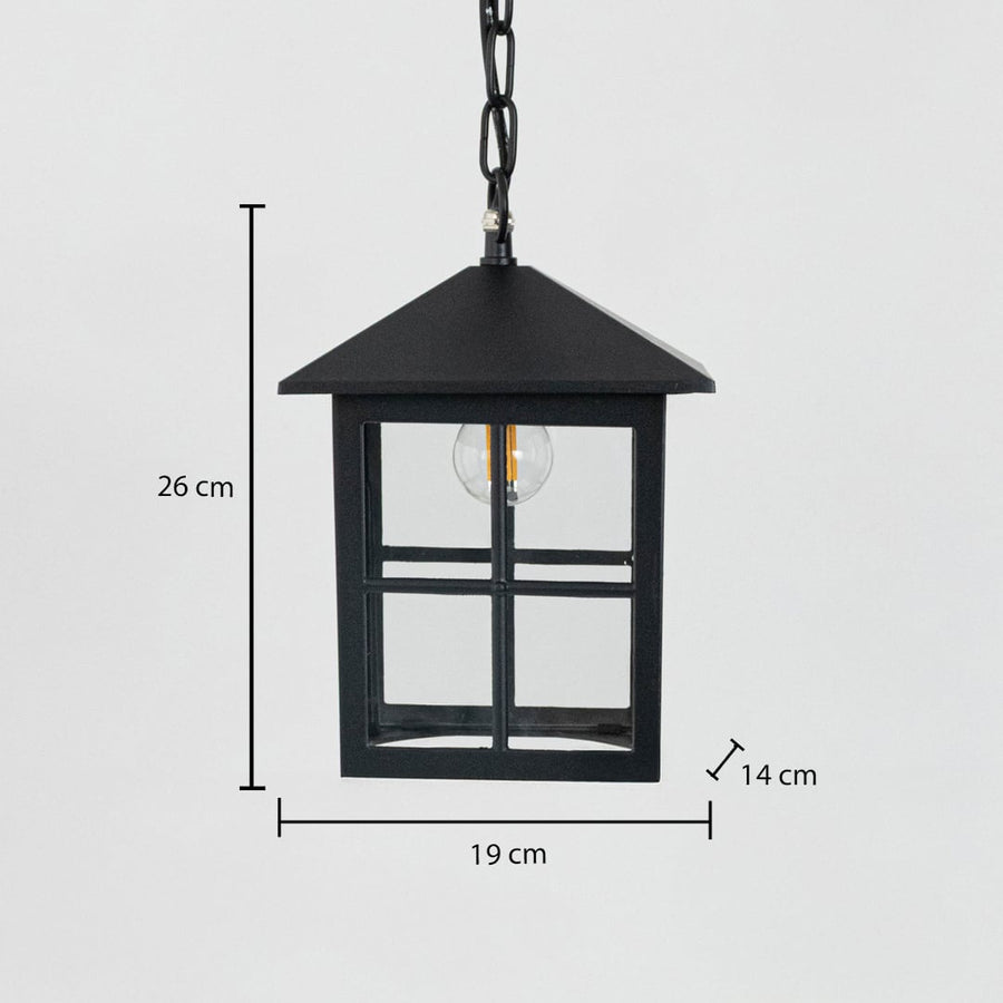 Outdoor hanging lantern light dimension image showing height 26 cm and width 19 cm in black finish.