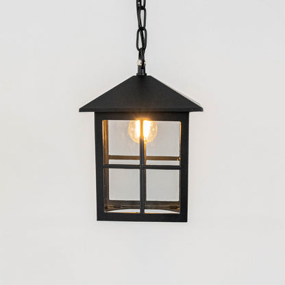 Elegant black metal box hanging lantern light with clear glass panels for modern outdoor lighting decor.