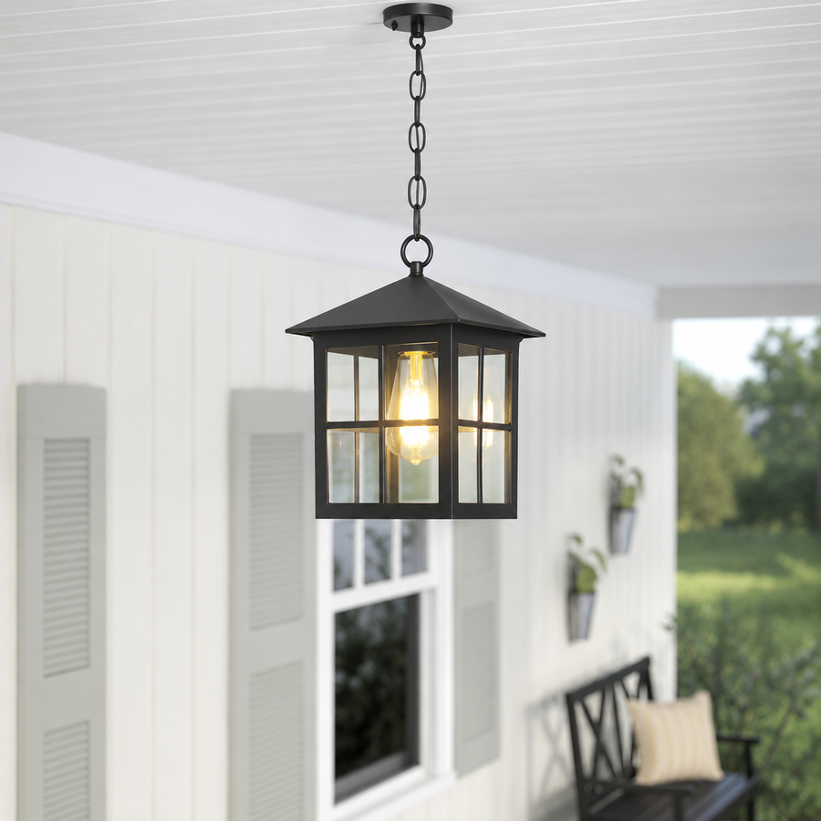 Craftsman black aluminum square grid glass hanging lantern pendant light from white porch ceiling for farmhouse patio decor.
